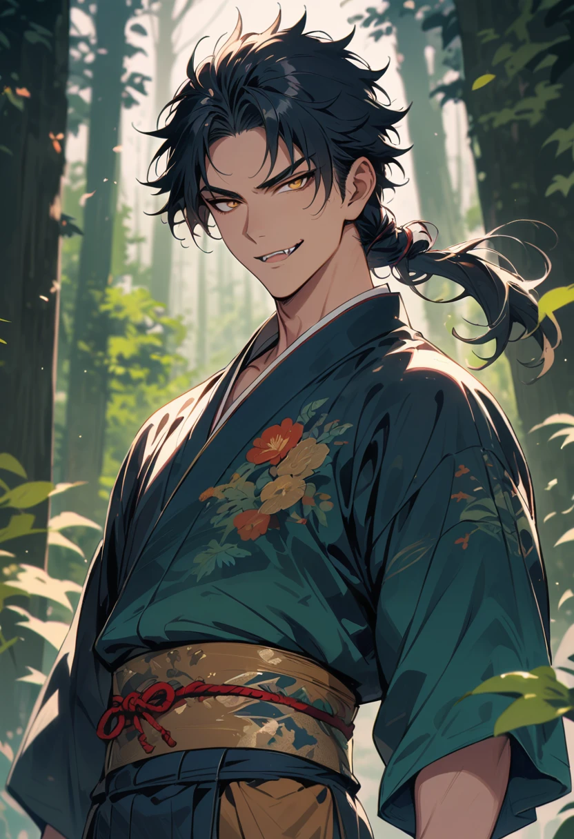 1man, bishonen, adult, handsome, male, solo, oni horns, loose hair, (long black hair), (yellow eyes), yokai, kimono, waist-up, light skin, sinister smirk, muscular, (sharp fangs), (tribal tattoo:1.0), (background in forest), cinematic angle, masterpiece, forest, leaves, lush, best quality, high resolution, ultra-detailed, handsome, mullet,