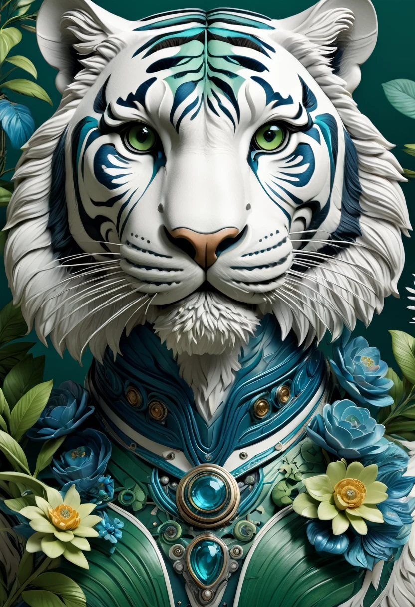 Mechanical Tiger，lifelike，Anthropomorphic tiger，Character setting，Ultra-detailed graphics，Delicate face，8K，magazine cover，Floral background decoration，Strong color contrast，Darker color，Blue, green and white