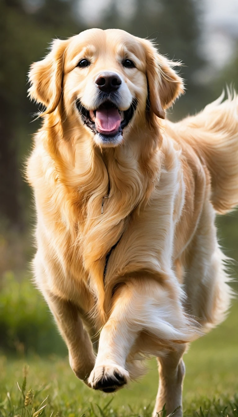 I want to draw a picture of an adult Golden Retriever walking with a smiling face and wagging tail..