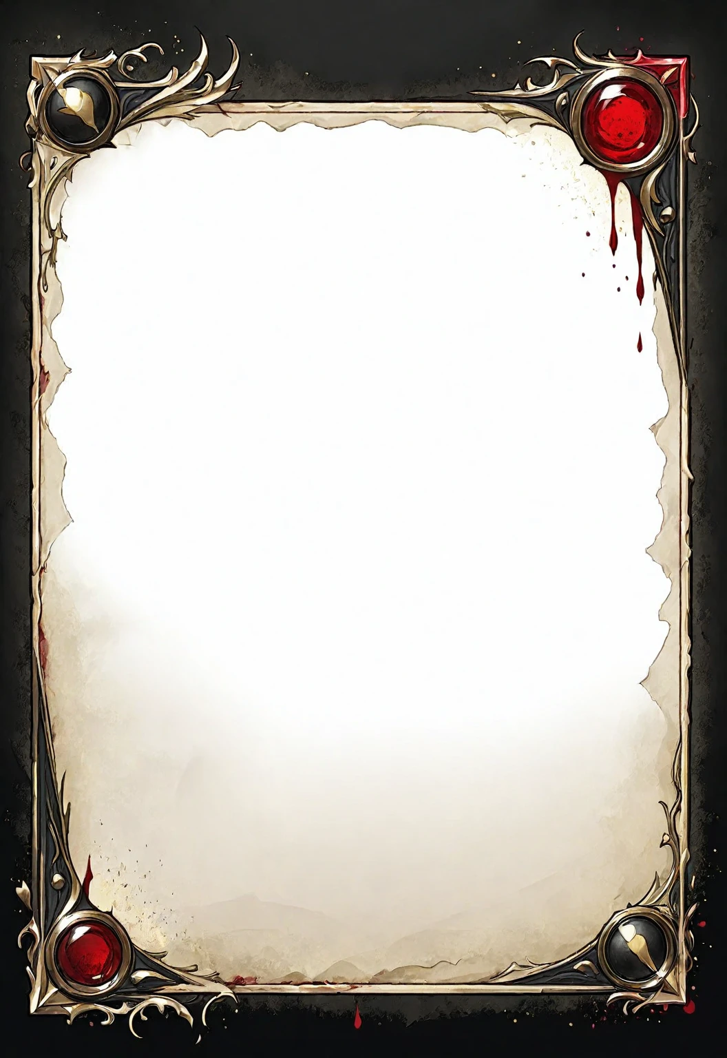 A card border UI,Medieval European fantasy style,Suspense style,Profile Style。Leave a square blank space in the middle,Parchment backing,There are blood stains on it。Black and White、yellowish、Dark red main color。