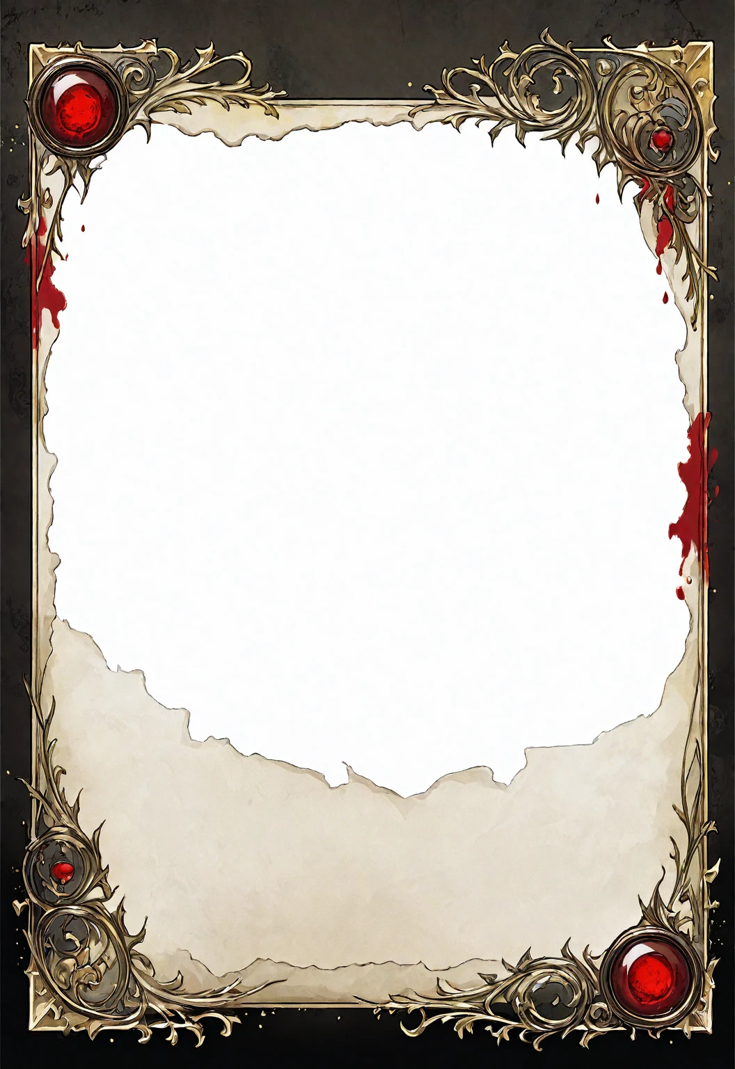 A card border UI,Medieval European fantasy style,Suspense style,Profile Style。Leave a square blank space in the middle,Parchment backing,There are blood stains on it。Black and White、yellowish、Dark red main color。