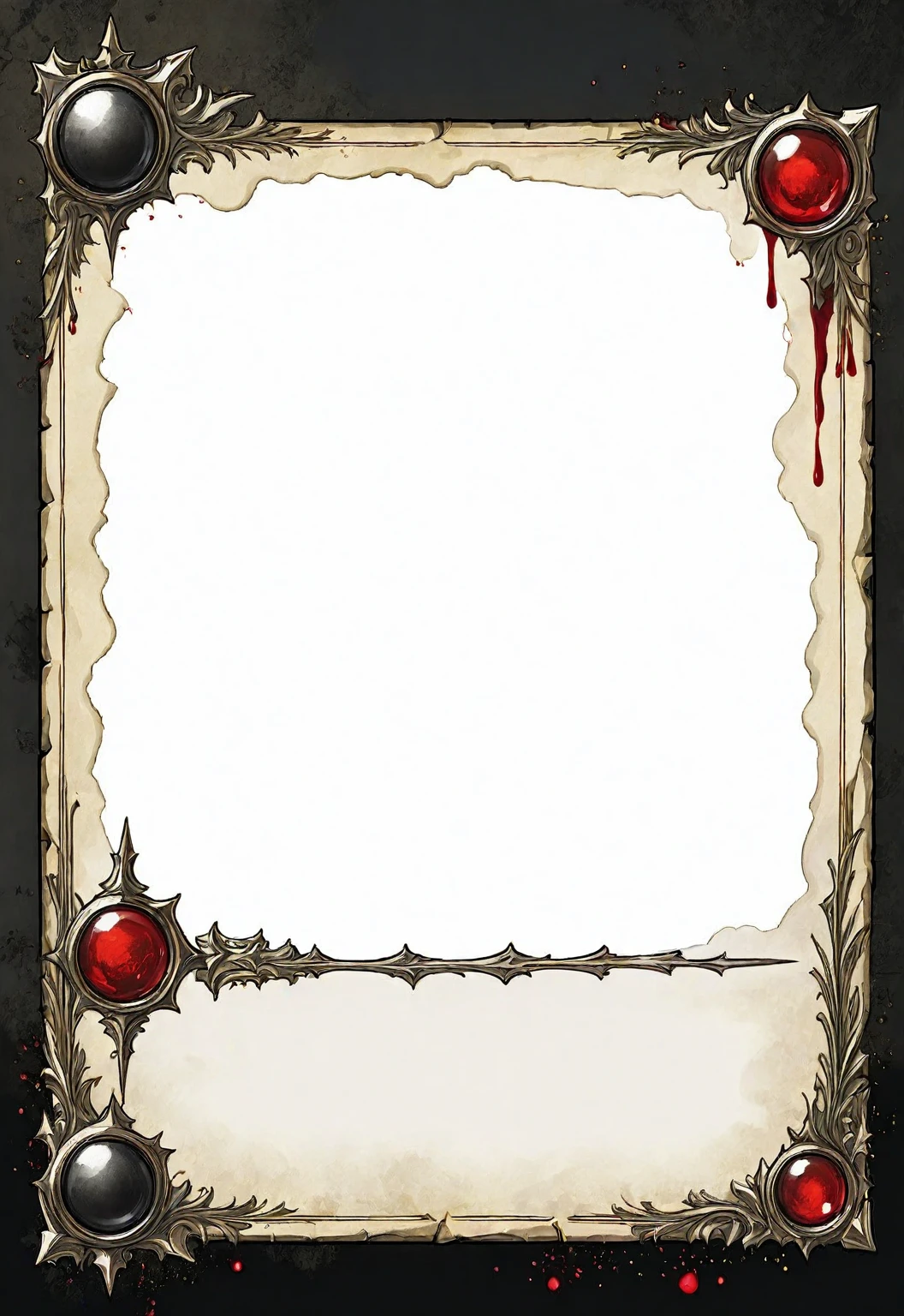 A card border UI,Medieval European fantasy style,Suspense style,Profile Style。Leave a square blank space in the middle,Parchment backing,There are blood stains on it。Black and White、yellowish、Dark red main color。