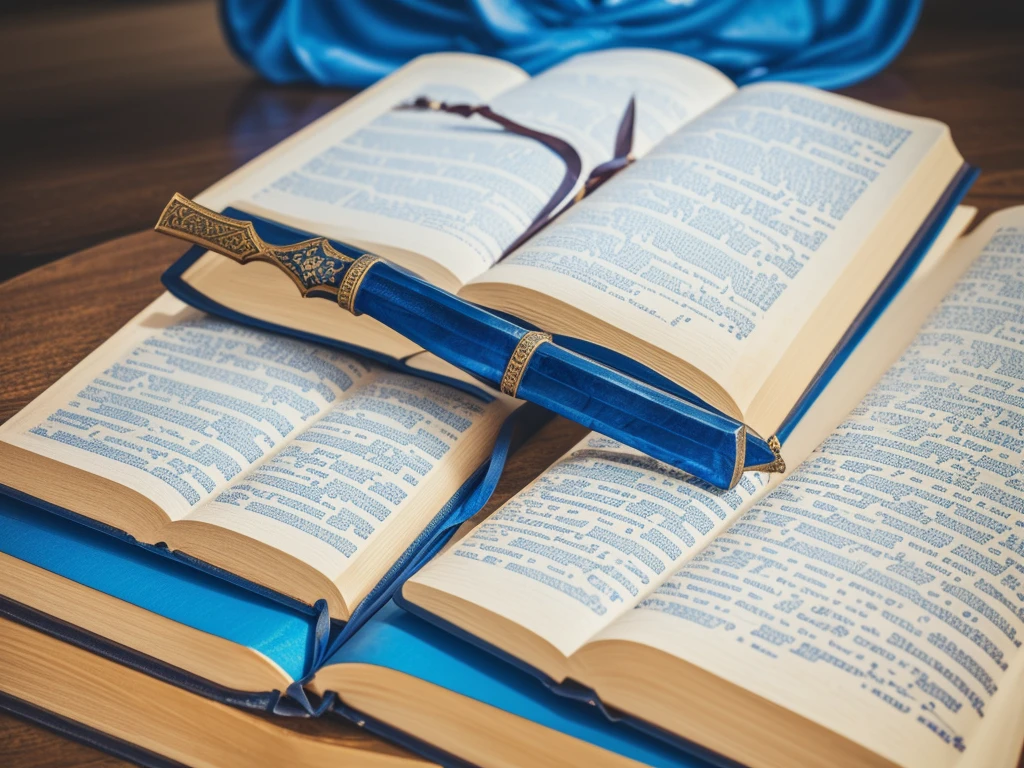 create a logo with a bible and in the middle of the closed bible and a large sword standing in the middle of the bible with blue gems and writing:Inspiring Stories of Faith.