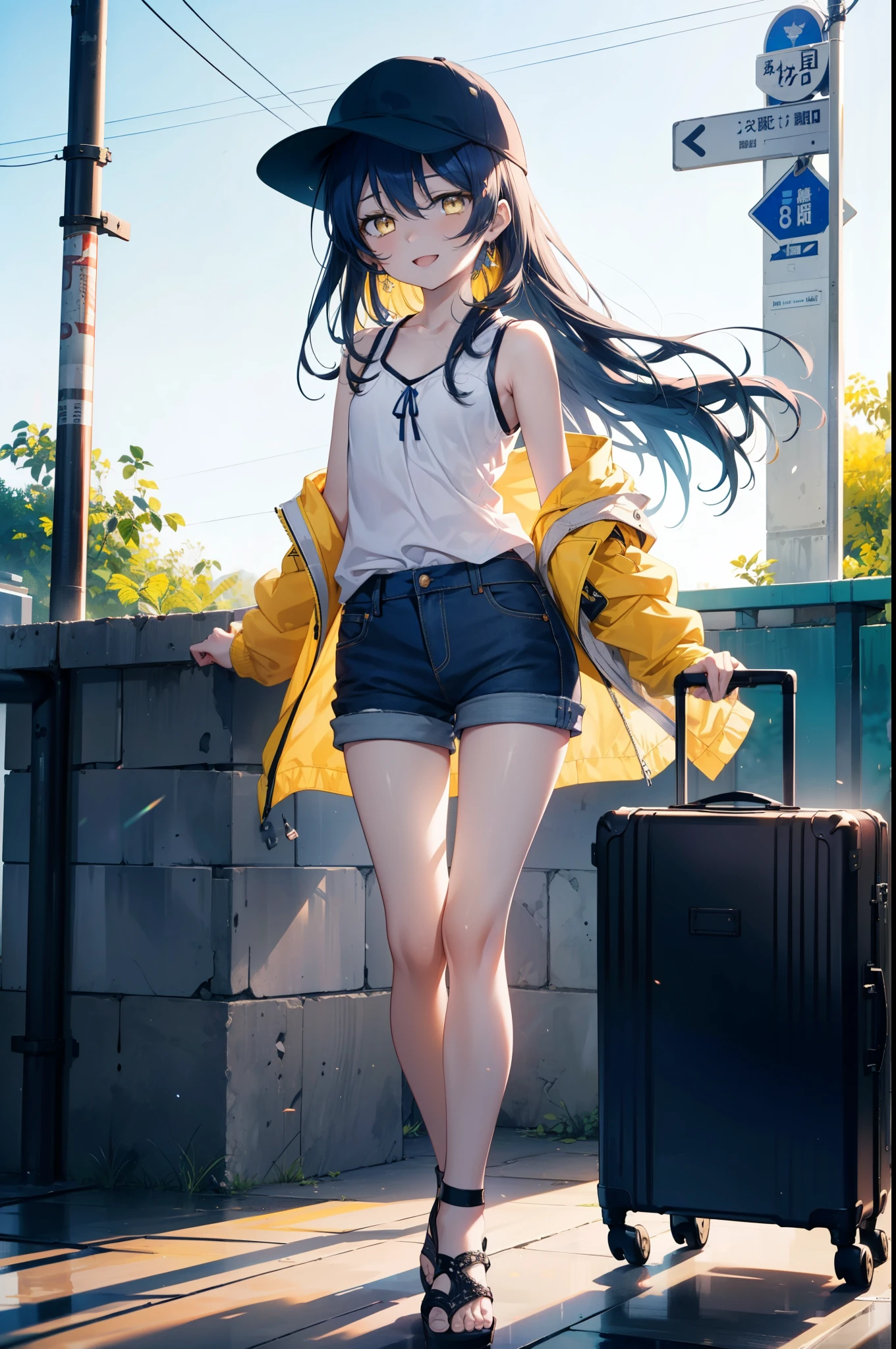  Umi Sonoda, Long Hair, Blue Hair, (Yellow Eyes:1.5) (Flat Chest:1.2),happy smile, smile, Open your mouth,Baseball hats,Sleeveless blue hoodie,Shorts,Sandals,Push-type suitcase,Walking,Daytime,Clear skies,True Summer,whole bodyがイラストに入るように,
break looking at viewer,whole body,
break indoors, countryside,
break (masterpiece:1.2), Highest quality, High resolution, unity 8k wallpaper, (figure:0.8), (Beautiful attention to detail:1.6), Highly detailed face, Perfect lighting, Highly detailed CG, (Perfect hands, Perfect Anatomy),