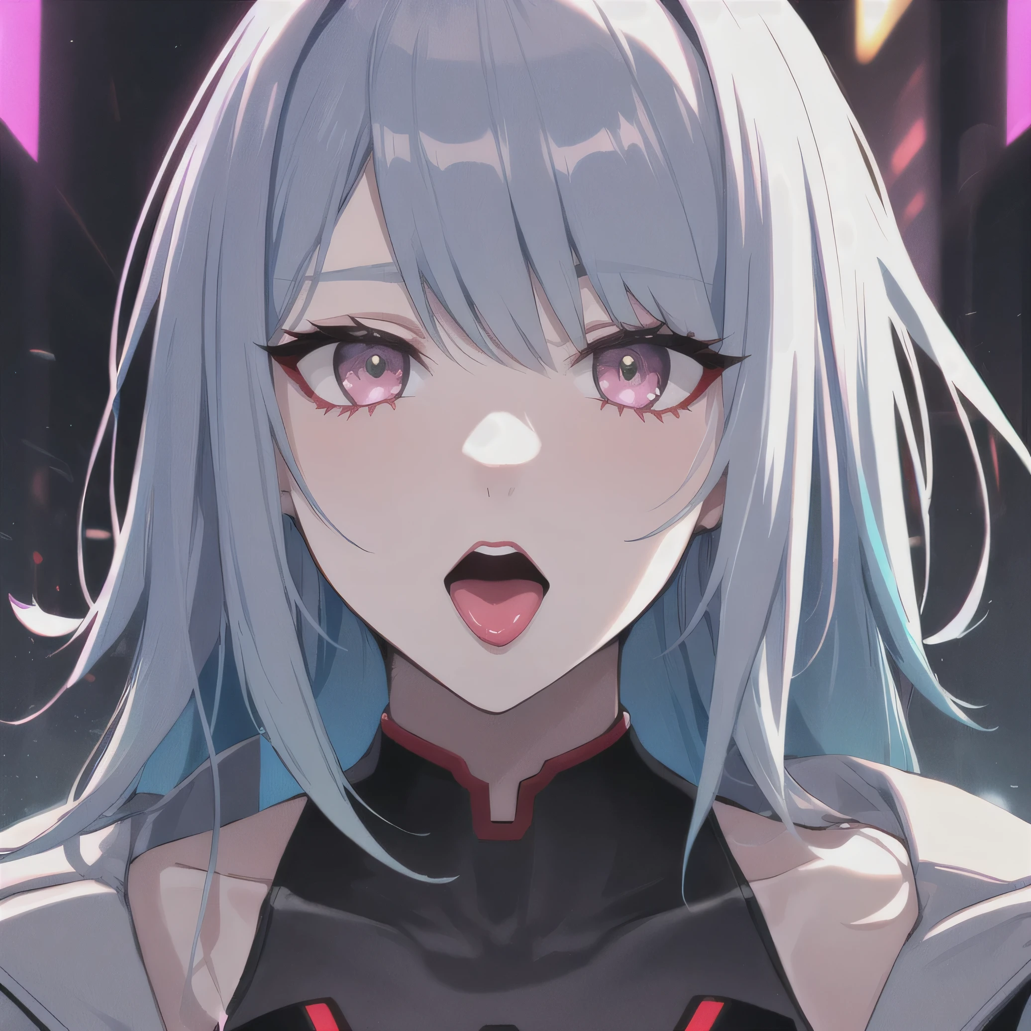 Masterpiece, High quality, High quality of art, anime lineart, 1girl,white hair, black eyes, white eyebrow, red eyeshadow, Tall, black cyber clothers, light gray cyber pants, big hips, big chest, very blush, white hearts in eyes, in future base, looking at viewer, smile, white skin, white hearts in eyes