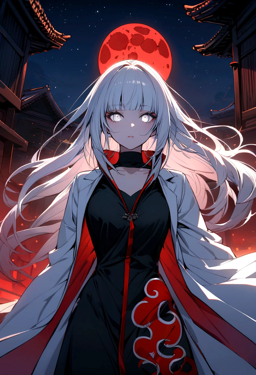 (Art), (best quality), ultra high resolution, professional art, ultra detailed, complex, detailed face, perfect lighting, white, 1 girl, white hair, (white eyes), akatsuki outfit, ninja, white cape, lab coat white, turtleneck, collarbone, head, night, night sky, crescent moon, red moon, outdoors, (cowboy shot, distant shot), blunt bangs, black hair, long hair, all black and white drawing, for to color