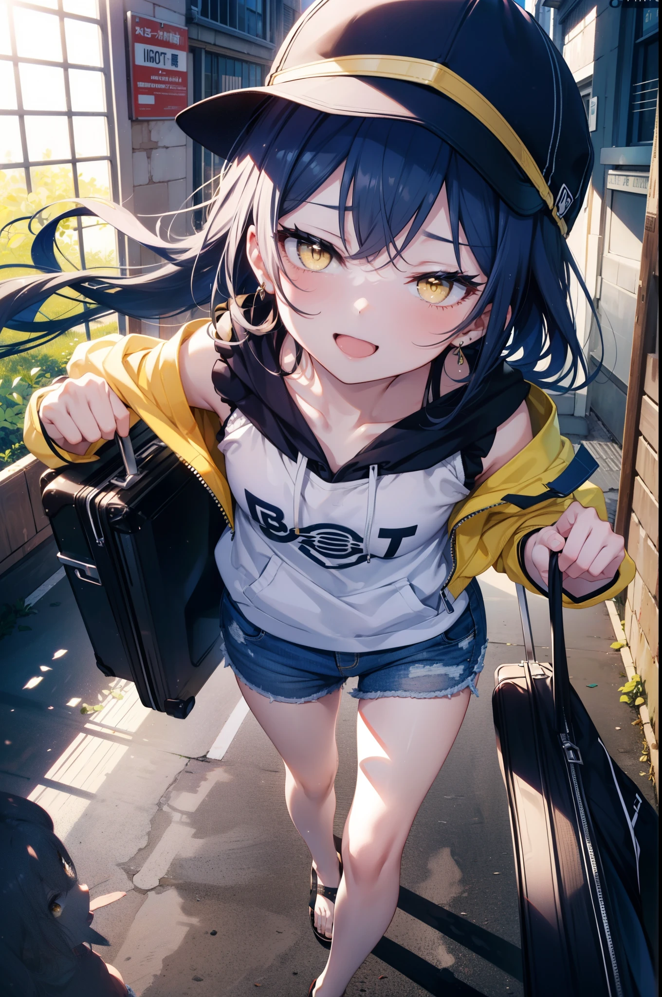  Umi Sonoda, Long Hair, Blue Hair, (Yellow Eyes:1.5) (Flat Chest:1.2),happy smile, smile, Open your mouth,Baseball hats,Sleeveless blue hoodie,Shorts,Sandals,Push-type suitcase,Walking,Daytime,Clear skies,True Summer,whole bodyがイラストに入るように,
break looking at viewer,whole body,
break indoors, countryside,
break (masterpiece:1.2), Highest quality, High resolution, unity 8k wallpaper, (figure:0.8), (Beautiful attention to detail:1.6), Highly detailed face, Perfect lighting, Highly detailed CG, (Perfect hands, Perfect Anatomy),