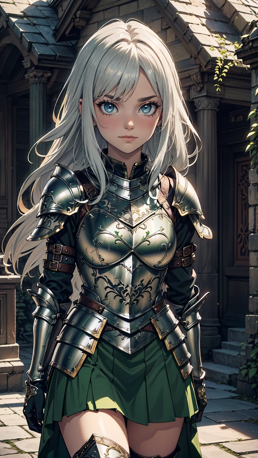 最high quality、Ultra High Definition, Ultra High Quality, Hyper Definition, Hyper Quality, Hyper Detailed, Extremely Detailed, Perfectly Detailed, Best image quality、masterpiece、anime woman((20-year-old、super dynamic pose , Green solid eyes, Silver long Hair、Disheveled Hair、Long White Hair、thin, Glove、Green Skirt, Noble Armor, Smirk、Detailed Cuirass , Dressed in Full Coverage Noble Plate Armor, leg armor)),high quality、Beautiful art、background((Inside the mansion))、Written boundary depth、 movie、Visual Arts、Perfect art、8K,Genuine、