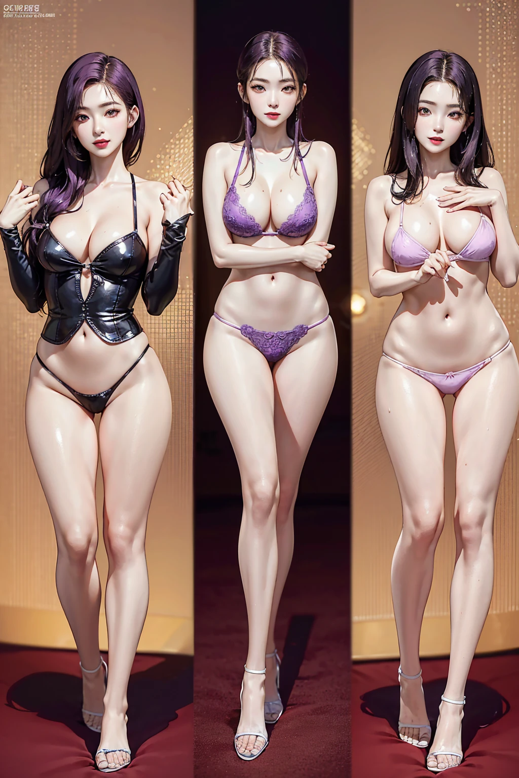 (Finest quality)),(A high resolution),(ultra-detailed art),(Meticulous portrayal),((Best Anime)),(Finest works of art),sharpness,Clear,Ultra-Precision Art,The art of astounding depiction,(masterpiece), high quality, stable diffusion,
short Hair, short ponytail, purple hair, vibrant purple hair, extremely detailed hair, detailed bangs, with bangs,
black hair, blonde hair, red hair,
pretty face, beautiful lips, soft lips,pretty face, close up face, gorgeous beauty,
green eyes,
serious face, pretty nose, beautiful nose, perfect nose, pretty eyes, beautiful eyes, sparkling eyes, detailed eyes, perfect eyes, looking at the camera,
happy, jolly, smiling, seductive, blushing, bukake, happy face, jolly face, excited face,
clear skin,white skin, soft skin, small bust, small breasts, smooth skin, mole in breast,
beautiful girl irene, red velvet irene,
slight cleavage, expose shoulders, perfect body, detailed thighs, detailed legs, perfect hands, perfect arms, detailed hands, detailed breasts, detailed nose, detailed lips, detailed arms, sexy body,
show tongue, sexy thighs, sexy tongue, drooling,
show whole body, fully body woman,
pretty woman,sweaty face, sweaty thighs, sweaty breasts, sexy, seductive, horny, pointy nipples, show cleavage,
purple micro bikini, purple micro bra, purple micro panty, transparent bra, transparent panty, cameltoe, dripping nipples,
slimy hair, slimy wet body, slimy body, slimy breasts, wet breasts, wet panties, wet thighs, water dripping from breasts and panties,
body details,
standing full body, full body image from head to toe, cool pose, raised arms, hands up,
show legs, show thighs, cute standing female, horny female dancer idol,
group of sexy female models in beach, sands and water, wet body, naked feet, show feet, cute standing pose, thighs apart, legs apart, feet apart, spread legs, bare foot,
