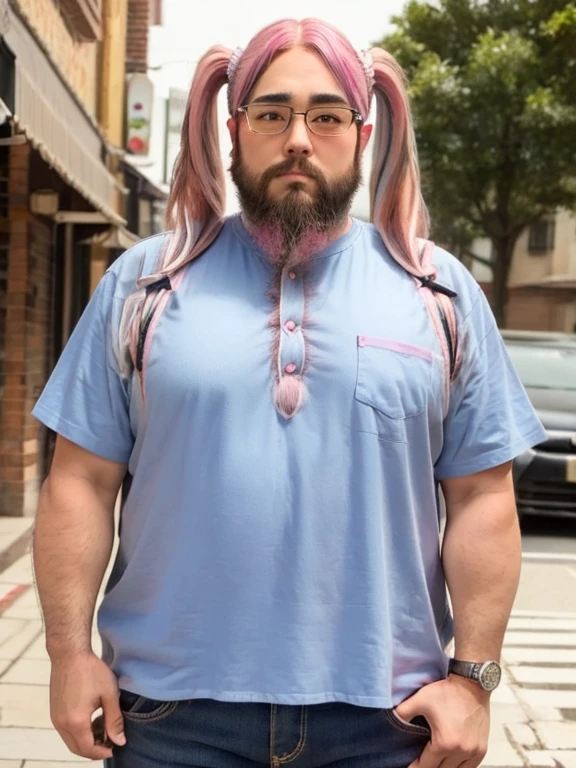 Glasses, beard, Brown eyes, Fat, 1 boy, Fashion Model, ((Light blue twin tails)), (long hair), (Cowboy Shot), ((Pink Hair)), ((Light blue side hair)),
