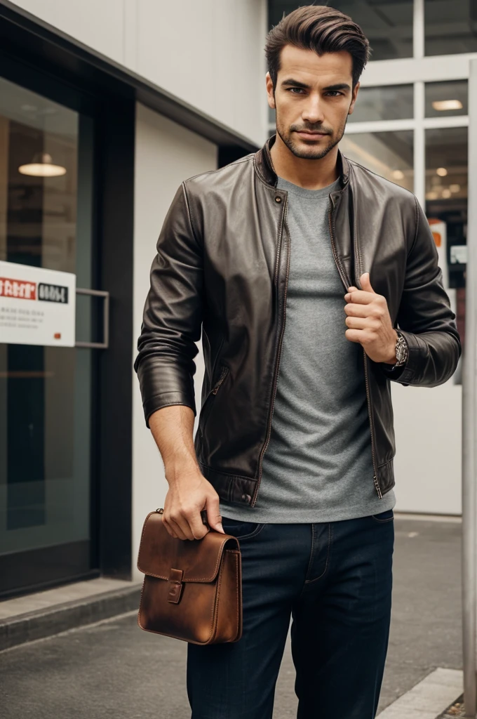 Generate a picture of a man holding a leather bag and shaking hands secretly
