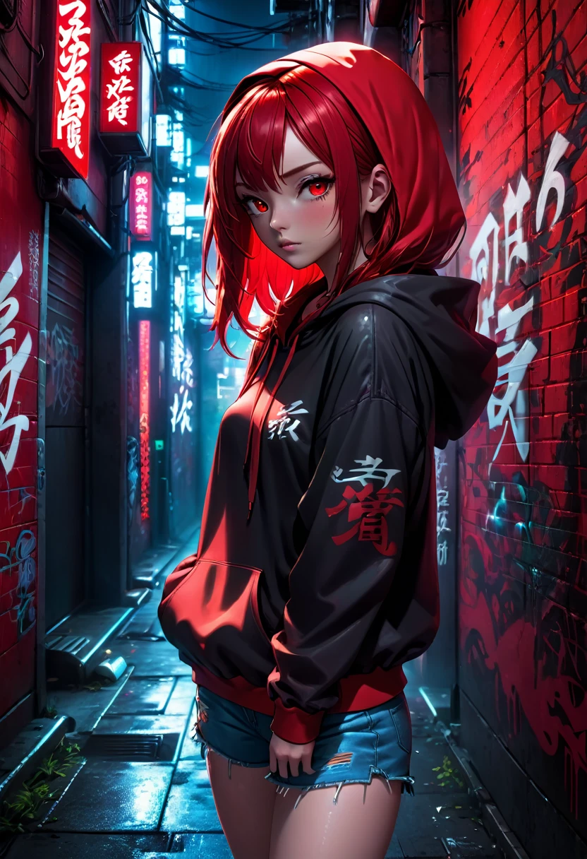 1girl, red hair, red pupils, red hoodie, wearing the hood, jean shorts, dark alley background, japanese graffiti background, red led background, detailed face, high quality, 8k, photorealistic, dramatic lighting, cinematic, neon lights, moody atmosphere, cyberpunk aesthetic, hyper-detailed