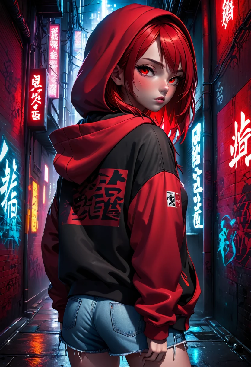 1girl, red hair, red pupils, red hoodie, wearing the hood, jean shorts, dark alley background, japanese graffiti background, red led background, detailed face, high quality, 8k, photorealistic, dramatic lighting, cinematic, neon lights, moody atmosphere, cyberpunk aesthetic, hyper-detailed