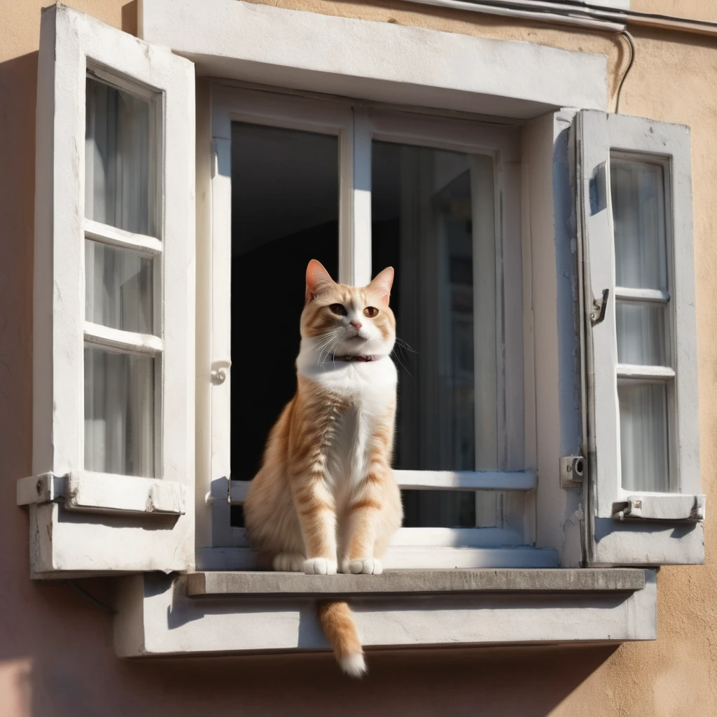 A cat in the window of a building, seen from the outside, raising its hand, super delicate, photo, 3D