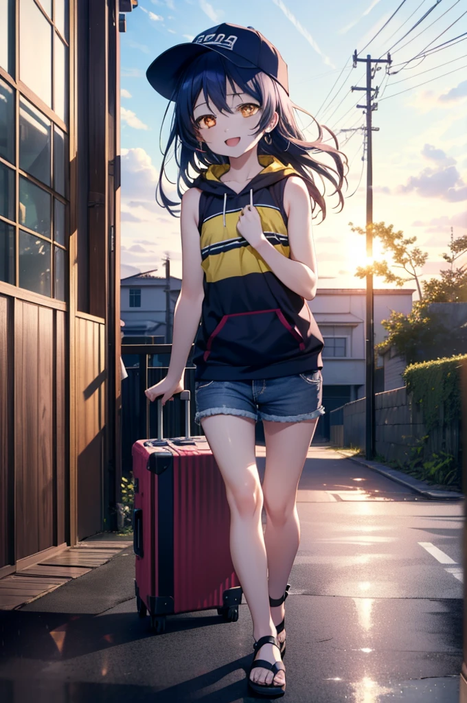  Umi Sonoda, Long Hair, Blue Hair, (Yellow Eyes:1.5) (Flat Chest:1.2),happy smile, smile, Open your mouth,Baseball hats,Sleeveless blue hoodie,Shorts,Sandals,Push-type suitcase,Walking,Daytime,Clear skies,True Summer,whole bodyがイラストに入るように,
break looking at viewer,whole body,
break indoors, countryside,
break (masterpiece:1.2), Highest quality, High resolution, unity 8k wallpaper, (figure:0.8), (Beautiful attention to detail:1.6), Highly detailed face, Perfect lighting, Highly detailed CG, (Perfect hands, Perfect Anatomy),