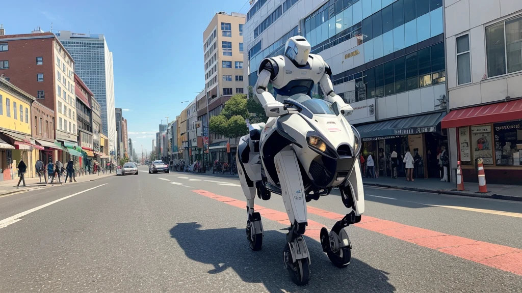 Future city : there are huge amounts of robots in the city, flying cars. A boy got togerher with wolf is walking in the street.