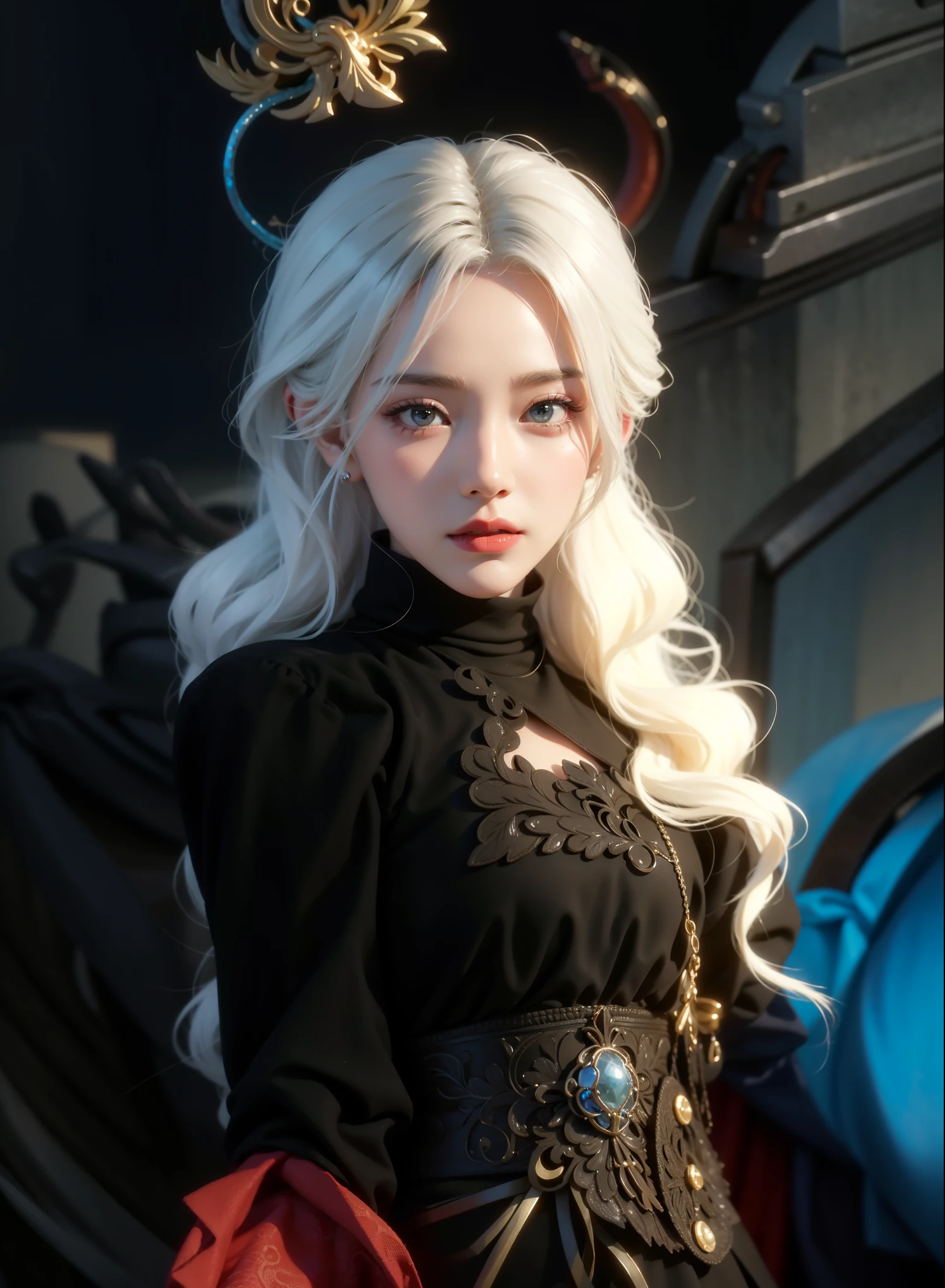 Realistic style,8K picture quality,Very detailed, Delicate face, Realistic style的照片, Stock Photography , rich and colorful, Surreal, Realistic textures, Dramatic Lighting, Distiller 800 (8K, original photo, Better quality, masterpiece: 1.2), Very detailed, (Extremely delicate skin: 1.2), 8K Ultra HD, SLR camera, Soft Light, high quality, 冰冻Queen, Queen, snow castle,Blue pupils,Apply red lipstick,Very delicate tattoo design,Jewelry,