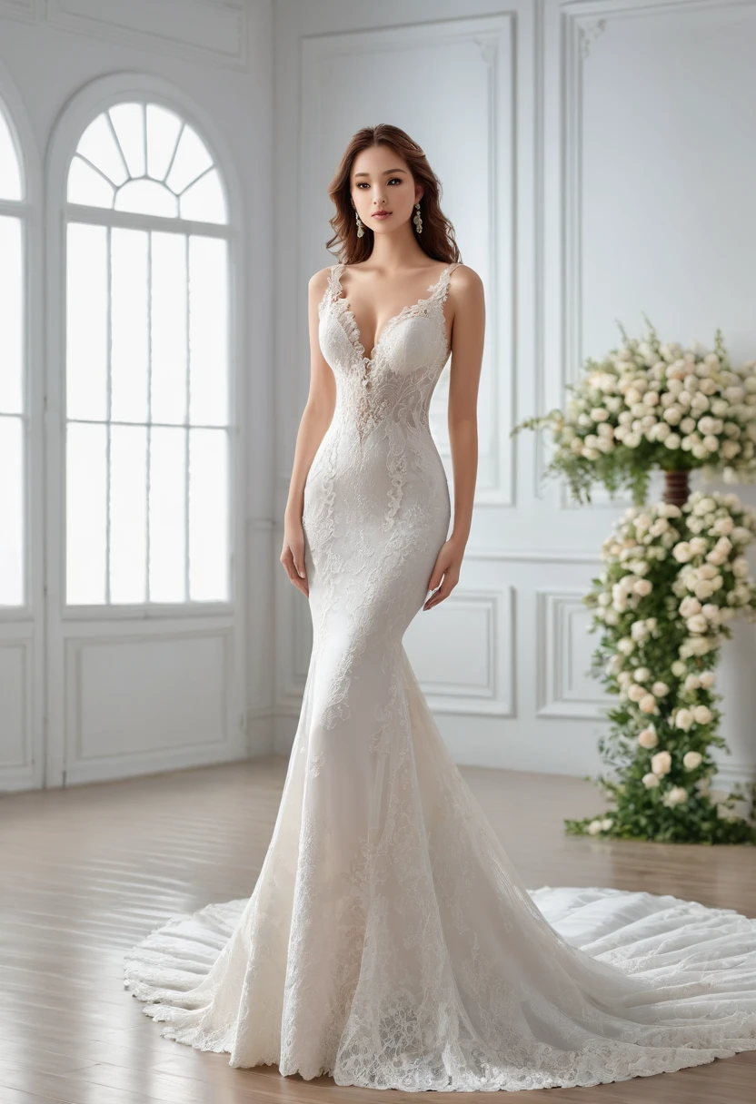Top quality, Masterpiece, hyper HD, (Photorealistic: 1.4), RAW photo, 1girl,solo,Fashion model,Wearing a white mermaid wedding dress, v-neck dress style, Lace material, long tail, full body, in white room,Stand upright and look straight.
