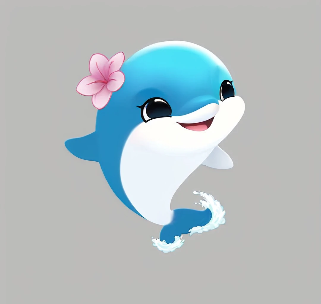 Cute dolphins，Wave tail，big eyes，There is a flower on the head