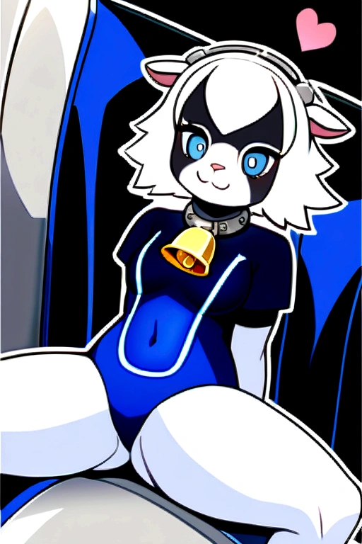 femboy, furry cow, and cute, short white hair with black tips, blue colored eyes, god of eyes, detailed artwork, extremely detailed artwork, white and fluffy skin, white skin with black spots, extremely high detailed skin, black and white silk gloves, short black shirt with heart, belly sample, hair on thighs, short shorts (blackw), detailed thighs, cute thighs, cow's tail, sitting on knees, black and white silk socks, collar with bell around the neck, groin sample, cute smile, detailed groin, Cute pose, small and cute, shining skin, shiny thighs, sitting on knees, no private parts, Youngh, leaning against a Bugatti Veyron car, Bugatti azul, detailed back ground,