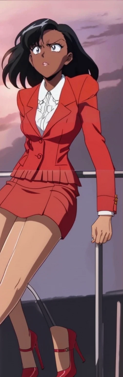 EVIL BLACK BUSINESS WOMAN WEARING A BLOUSE WITH A RED SKIRT SUIT 90s ANIME ARTSTYLE WITH RED HEELS FULL BODY WEARING A KNEE LONG RED SKIRT WHILE SITTING