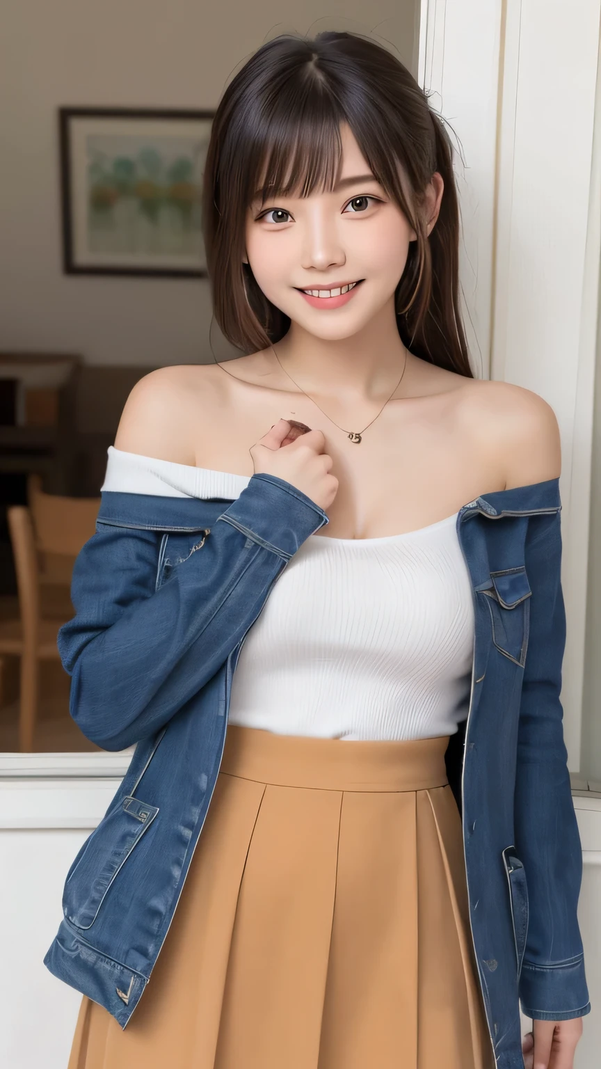 Highest quality、Confused、((The cutest girl in the world))、Japanese、、Cafe、((spring-like clothes))、(skirt)、(Off-the-shoulder jacket)、Nice and cute、An innocent smile、nice smile、Big Breasts、(Ample breasts:1.3)、ponytail、Brown Hair、Narrow waist、Beautiful eyes in every detail、Look forward、Upper Body、Face close-up、