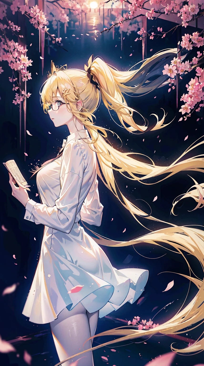 Young and beautiful Kathryn Newton, Glasses, White dress shirt, great neckline, Black Mini Dress, Dark pantyhose, High balance, Surreal, , Model figure, Large Breasts, Beautiful breasts, Big Ass, Long hair, Ponytail- Horse, Blonde hair, Long legs, 8K, Cherry blossoms, sunrise, Detailed reflection, Anime style, sad