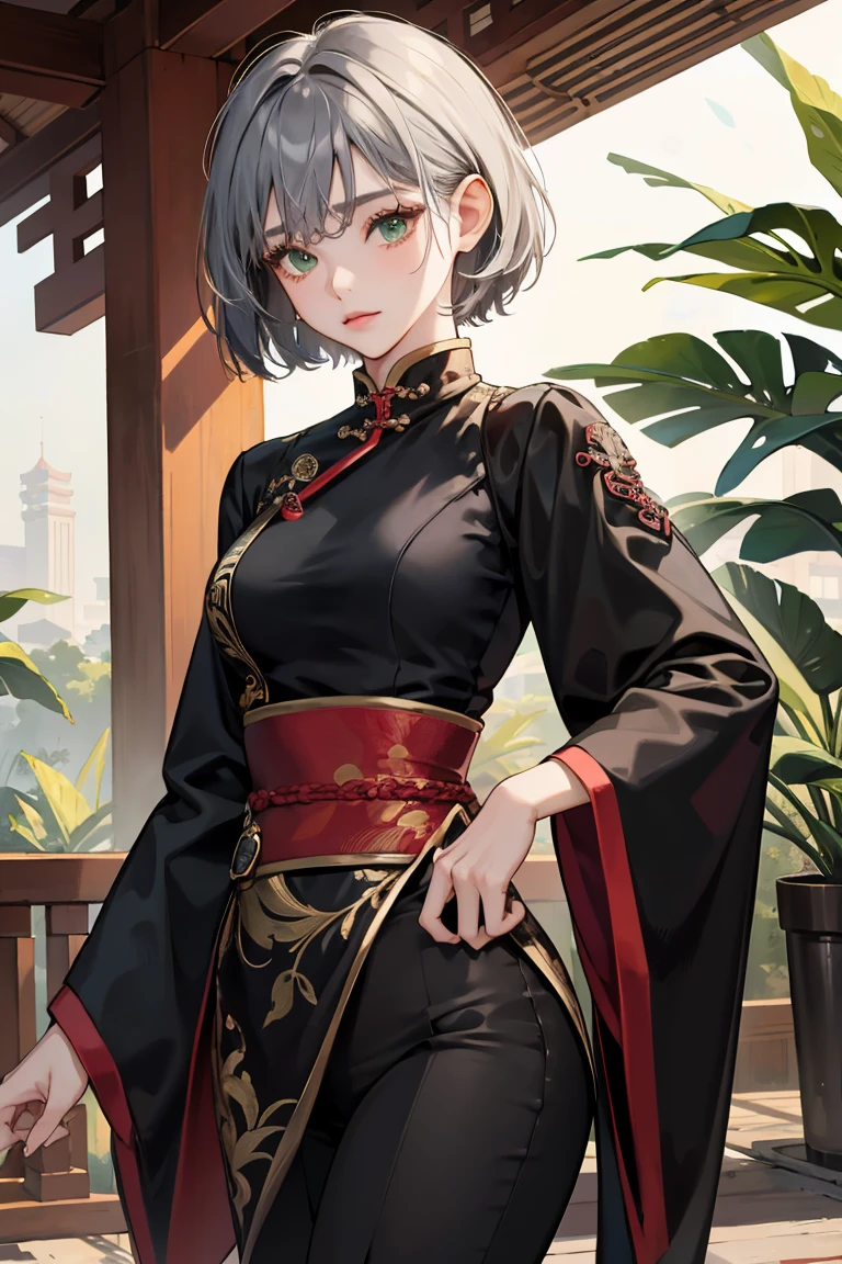 1girl, 20 years old, Chinese, old chinese dress, black dress, gray hair, green eyes, sexy, seductive, short hair, black pantyose