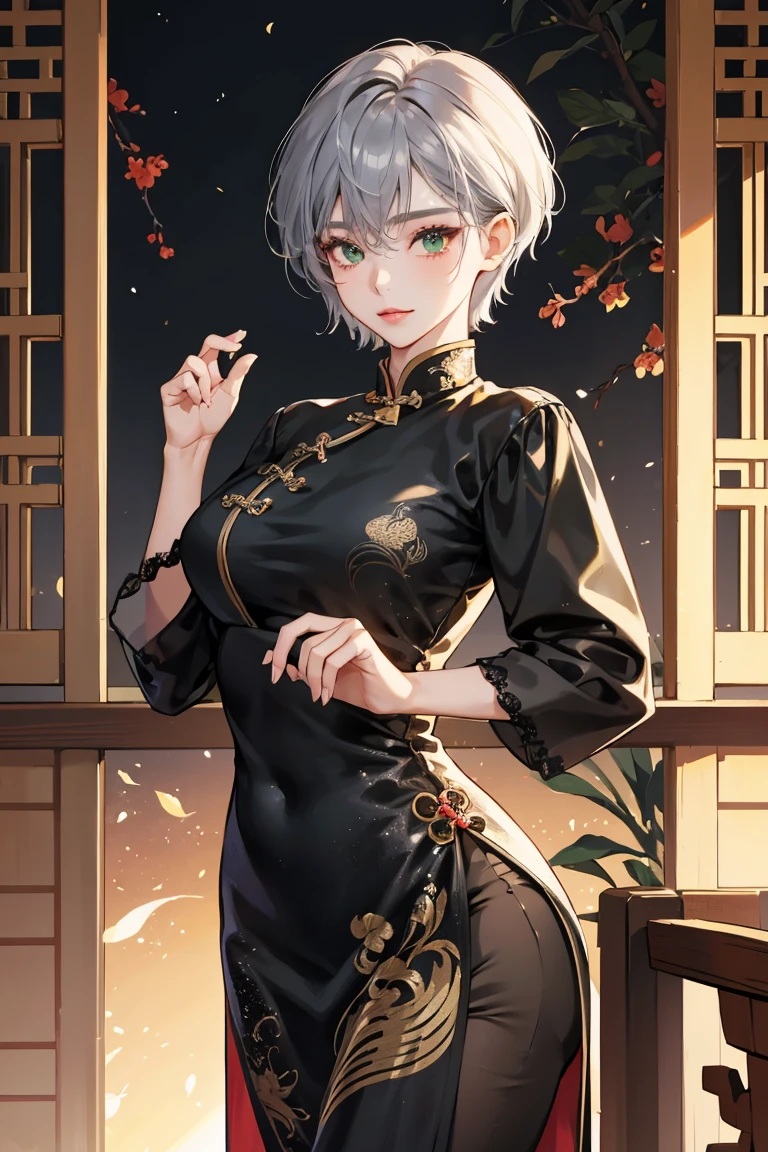 highest quality、Realistic、Women、zoom、cute、Orange Eyes、Silver Hair、short hair、China dress、smile、Looking down、smile、Bust Shot、　
