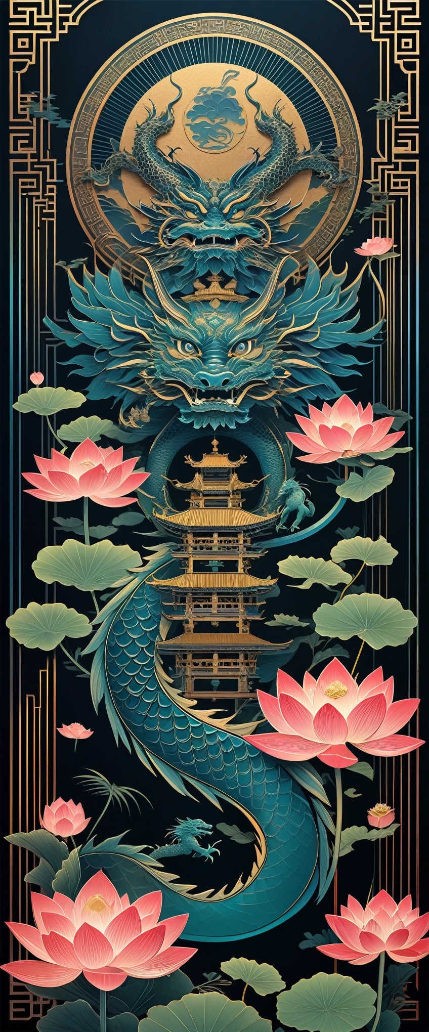 in style of by lvan Aivazovsky,Symbolic symbols of plants, minimalist style, Chinese dragon graphic illustrations of totem art illustration, laser diffuse gradient metal color scheme, New surreal poster design, bold prints, Metal relief, dual tone, solid background, Cloud Pattern chinese, Lotus Pattern, Fang Sheng pattern, 8k, UHD, best quality, highres