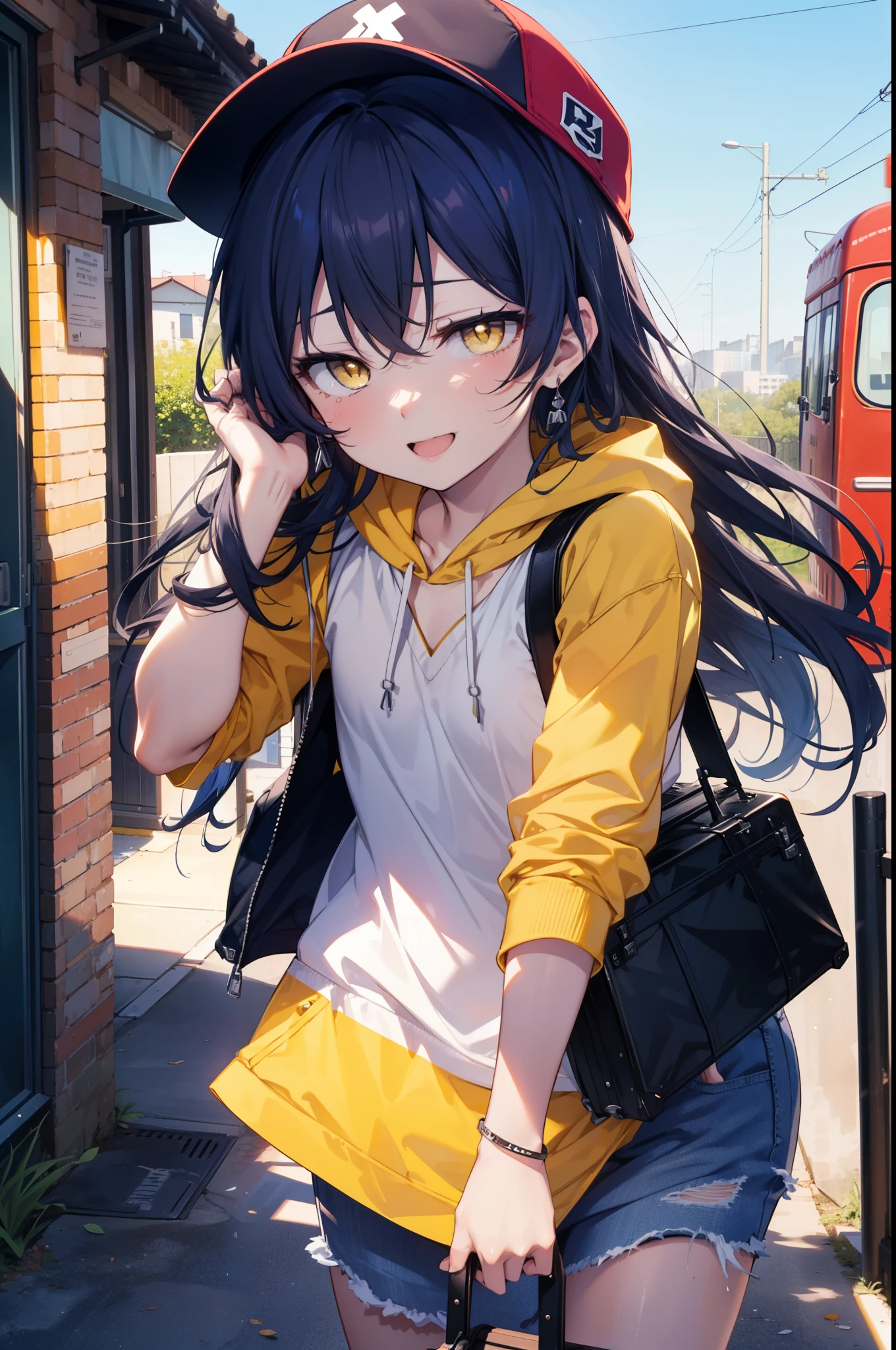 Umi Sonoda, Long Hair, Blue Hair, (Yellow Eyes:1.5) (Flat Chest:1.2),happy smile, smile, Open your mouth,Baseball hats,Sleeveless blue hoodie,Shorts,Sandals,Push-type suitcase,Walking,Daytime,Clear skies,True Summer,whole bodyがイラストに入るように,
break looking at viewer,whole body,
break indoors, countryside,
break (masterpiece:1.2), Highest quality, High resolution, unity 8k wallpaper, (figure:0.8), (Beautiful attention to detail:1.6), Highly detailed face, Perfect lighting, Highly detailed CG, (Perfect hands, Perfect Anatomy),
