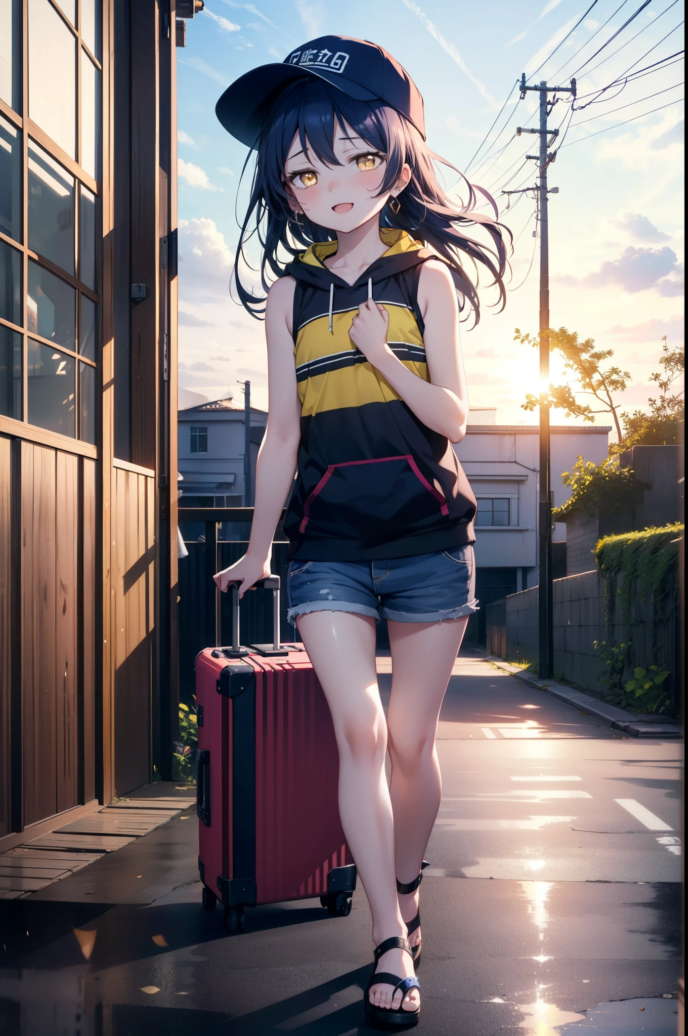  Umi Sonoda, Long Hair, Blue Hair, (Yellow Eyes:1.5) (Flat Chest:1.2),happy smile, smile, Open your mouth,Baseball hats,Sleeveless blue hoodie,Shorts,Sandals,Push-type suitcase,Walking,Daytime,Clear skies,True Summer,whole bodyがイラストに入るように,
break looking at viewer,whole body,
break indoors, countryside,
break (masterpiece:1.2), Highest quality, High resolution, unity 8k wallpaper, (figure:0.8), (Beautiful attention to detail:1.6), Highly detailed face, Perfect lighting, Highly detailed CG, (Perfect hands, Perfect Anatomy),