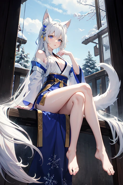 white(Fox ears、Foxtail),white发、neat long hair,headgear,blue eyes,white絲長襪、Light blue Hanfu,Clothes that cover the waist、inner thigh、Chest,white鞋,white手套,Off-shoulder,look ahead,A 16-year-old female,whole body,Seductive pose,sitting,legs(overlap),feet on the ground,View from top to bottom,View from the side,Background snowflakes,HD 1080p,