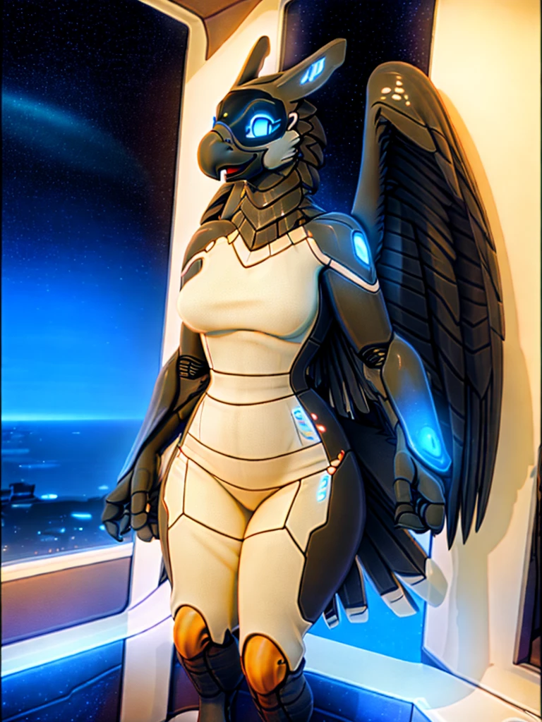 (masterpiece:1.2), best quality, (detailed warm ambient lighting), (cinematic lighting), (high resolution), furry commission, perfect anatomy, (female anthro synth), (gryphon, avian), soft, curvy, medium breasts, science fiction, (detailed background), solo female, elegant, wings on back, (beautiful), standing, friendly, shiny, black, glowing ,detailed full body picture