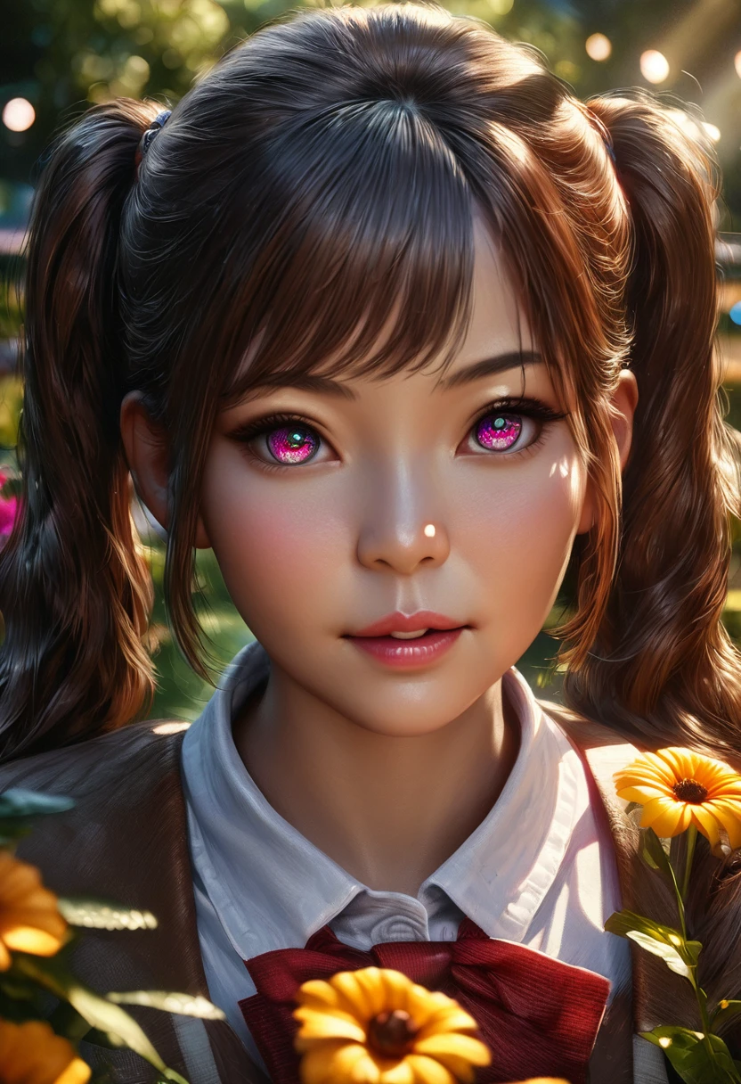 a girl with long twin pigtails, beautiful detailed eyes, beautiful detailed lips, extremely detailed face, long eyelashes, school uniform, outdoor garden setting, colorful flowers, sunlight, soft lighting, photorealistic, (best quality,4k,8k,highres,masterpiece:1.2),ultra-detailed,(realistic,photorealistic,photo-realistic:1.37),HDR,UHD,studio lighting,ultra-fine painting,sharp focus,physically-based rendering,extreme detail description,professional,vivid colors,bokeh,portrait