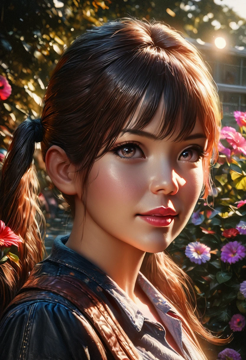 a girl with long twin pigtails, beautiful detailed eyes, beautiful detailed lips, extremely detailed face, long eyelashes, school uniform, outdoor garden setting, colorful flowers, sunlight, soft lighting, photorealistic, (best quality,4k,8k,highres,masterpiece:1.2),ultra-detailed,(realistic,photorealistic,photo-realistic:1.37),HDR,UHD,studio lighting,ultra-fine painting,sharp focus,physically-based rendering,extreme detail description,professional,vivid colors,bokeh,portrait