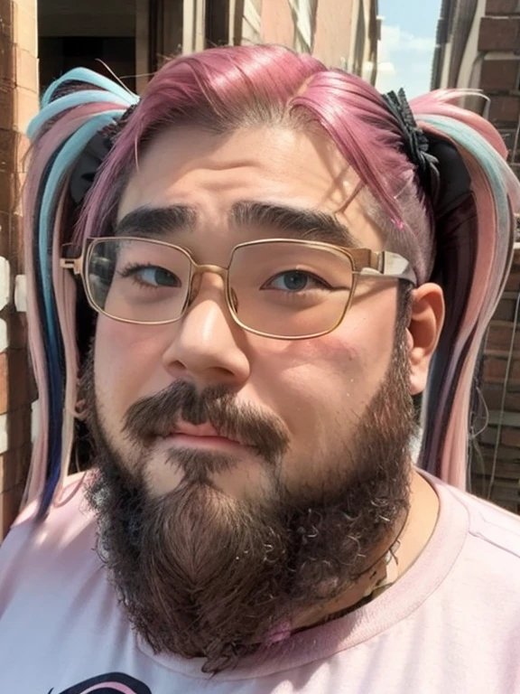 Glasses, beard, Brown eyes, Fat, 1 boy, Fashion Model, ((Twin tails)), (long hair), (Cowboy Shot), ((Pink Hair)), ((Light blue side hair)), 