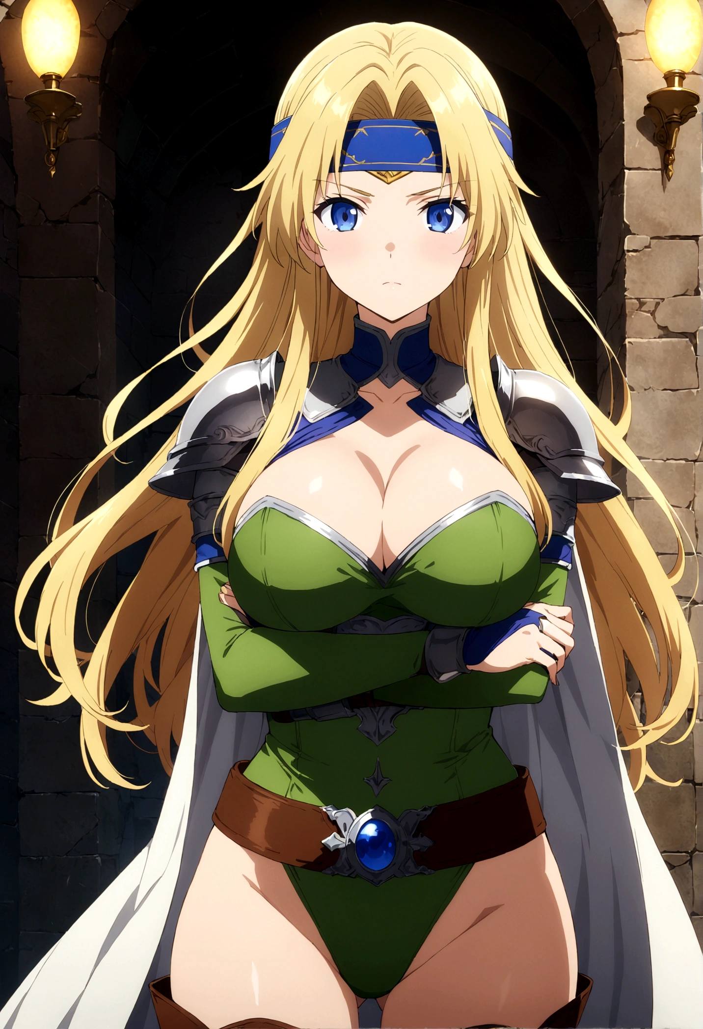 score_9, score_8_up, score_7_up,,BREAK source_anime, from front ,standing,straight-on,(medium shot),looking_at_viewer,1girl, celes chere, final fantasy.blonde hair, blue eyes, green leotard, headband,  large breasts,cleavage, pauldrons, circlet, bridal gauntlets, belt, white cape, vambraces,bracer,  very long hair, bangs, closed mouth,cross arms in front. (best quality),(aesthetic,very aesthetic),masterpiece, highres, (anime screenshot:0.5),