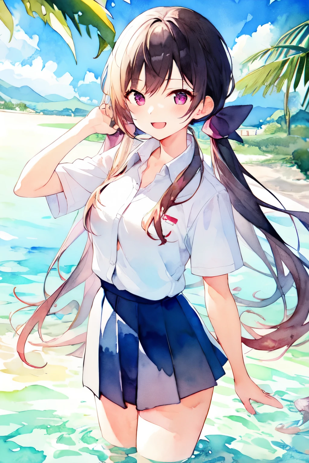 1 Female, , Pause, Happy, Ocean, sunlight, cute, sexy, young, Twin tails, Very long hair, (watercolor:1.2)