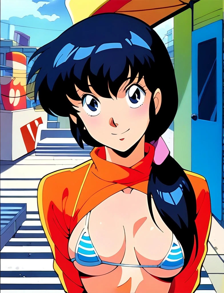 Kyoko,score_9,score_8_superior,score_7_superior,sauce_anime,One girl,alone,View your viewers,city,Micro Bikini、cowboy_shot,Front view,Are standing,smile,:d,arms_behind_return,