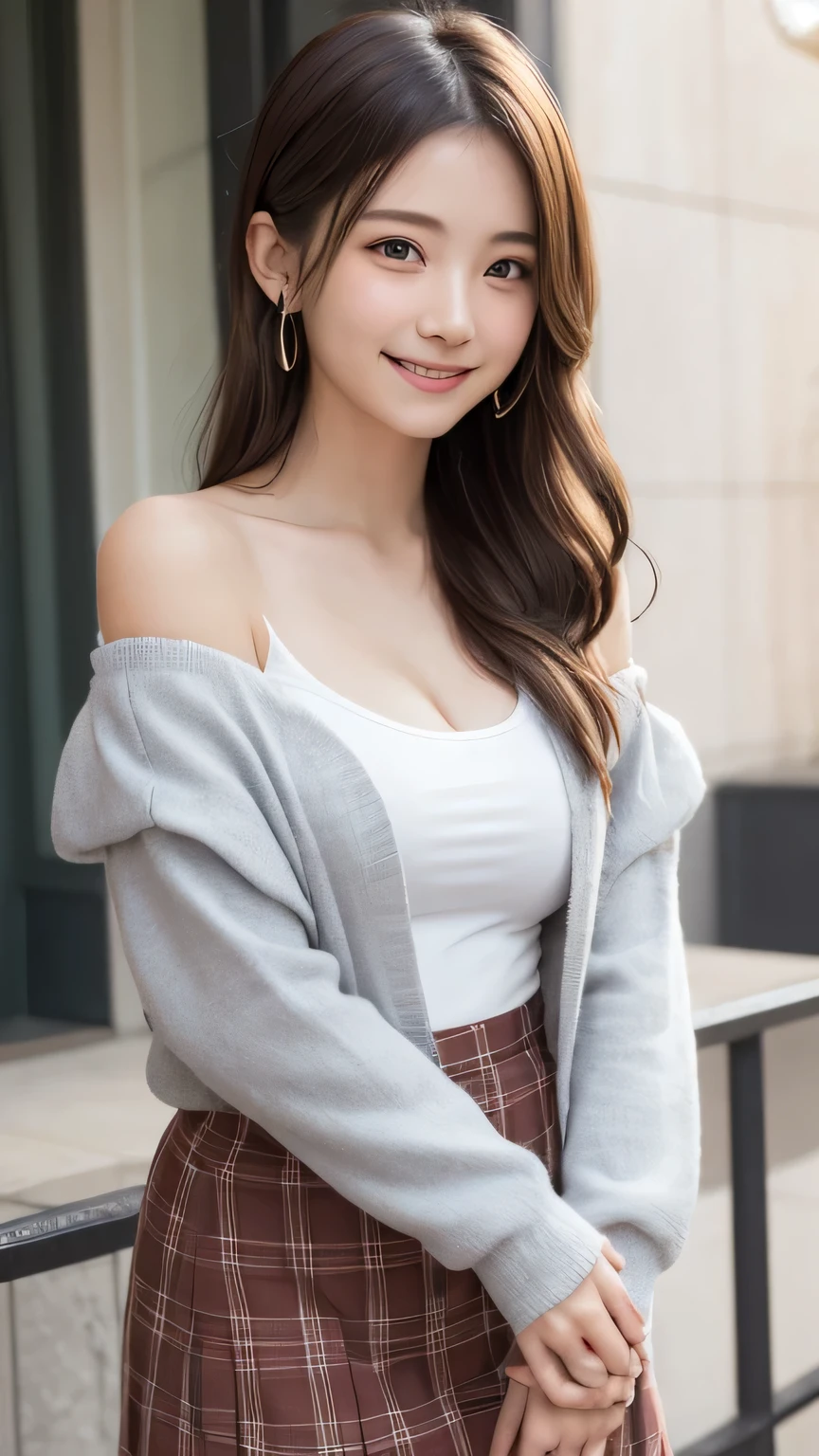 Highest quality、Confused、((The cutest girl in the world))、Japanese、16-year-old girl、Cafe、((spring-like clothes))、(skirt)、(Off-the-shoulder jacket)、Nice and cute、An innocent smile、nice smile、Big Breasts、(Ample breasts:1.3)、ponytail、Brown Hair、Narrow waist、Beautiful eyes in every detail、Look forward、Upper Body、Face close-up、