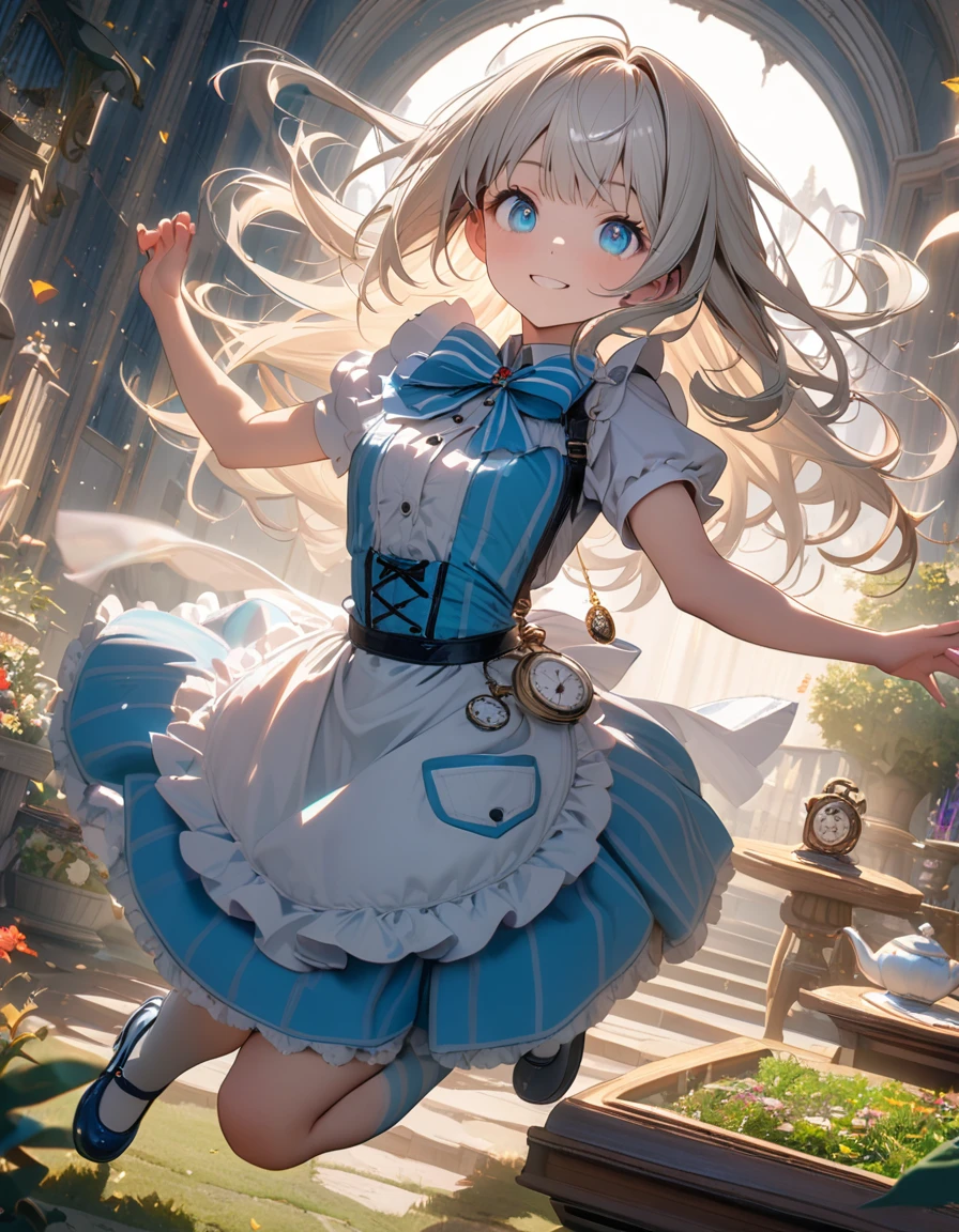 (8K, best quality, master piece: 1.2), super high resolution, ultra-detailed face, detailed eyes, blue eyes, cream hair, long hair, Aqua Lolita fashion, white frilled apron, smile, black facinator ribbon decoration, Alice costume,striped pattern over-kneehighs,mary janes, teacup and teapot and Pocket watch are floating in the air,Alice is flying and dynamic pose,rim light, cute,one rabbit is flying, Look at viewer,garden