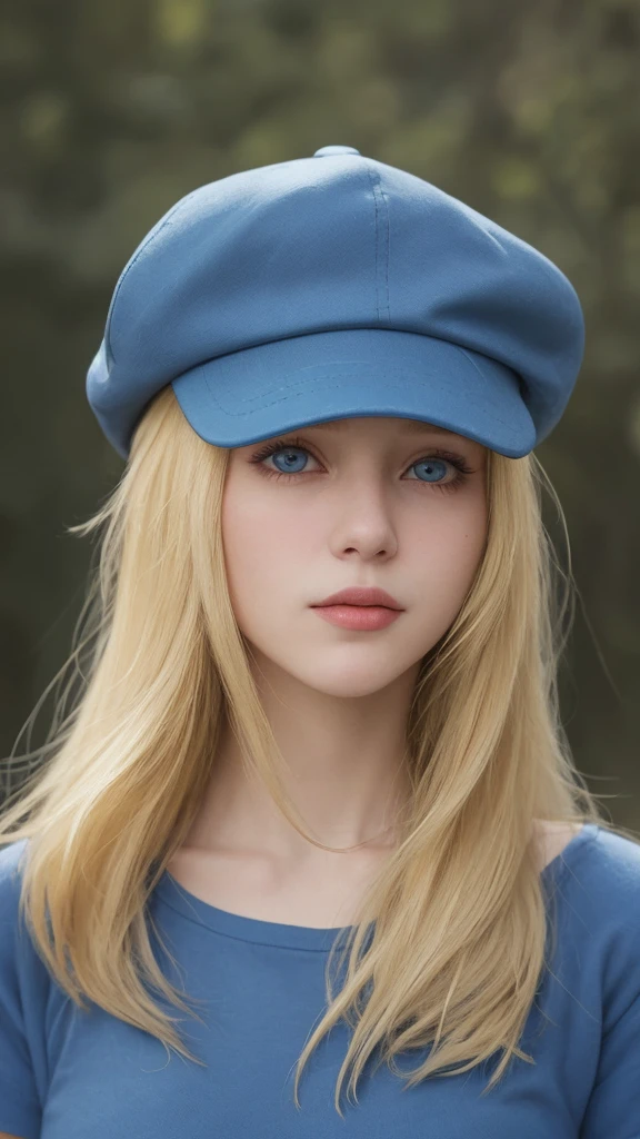 a portrait of a blonde girl with blue cap and blue shirt