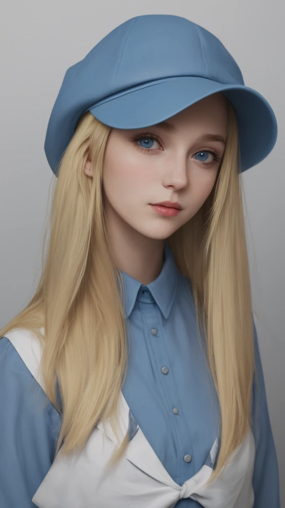 a portrait of a blonde girl with blue cap and blue shirt