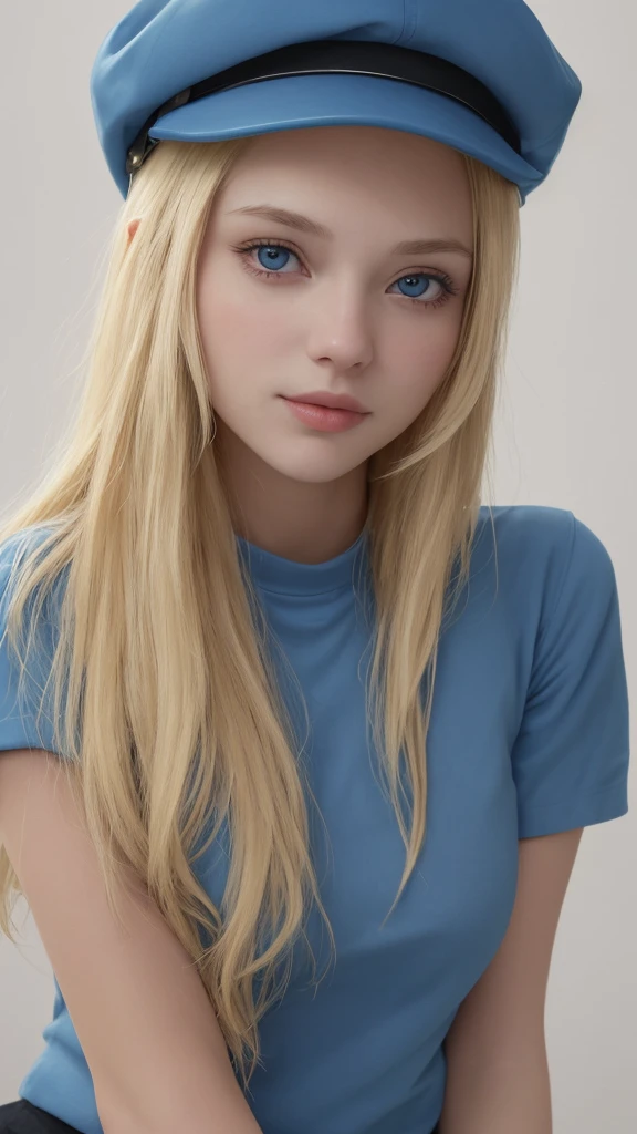 a portrait of a blonde girl with blue cap and blue shirt