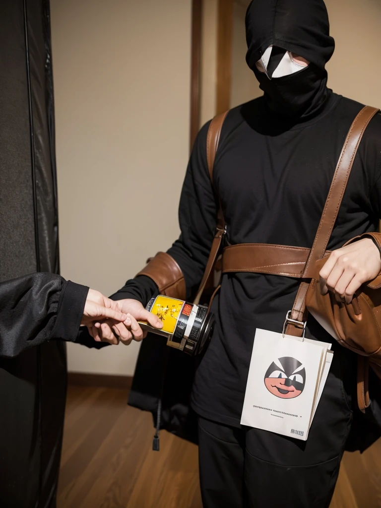 A masked cartoon man stealing something