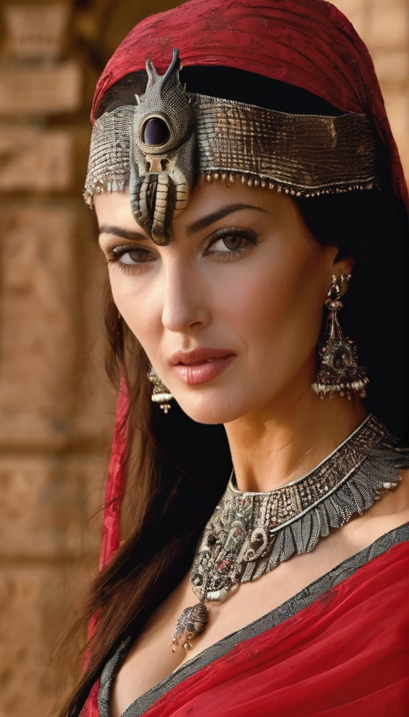 Monica Bellucci, Femme mature ( 30 ans), corps très sexy , a l'Égypte antique, forte poitrine, avec une peau de serpent, dans un temple égyptien, porte une robe rouge et maron couleur sable, moule le corps, vêtements transparent, femme avec de long cheveux raide noirs orné de nombreux bijoux, la femme est très enceinte de serpent, sa poitrine est gonflé de lait, la femme a des crochets de serpent visible lorsqu'elle sourit, la femme a des yeux doré a pupilles reptilienne, la femme et une femme serpentz