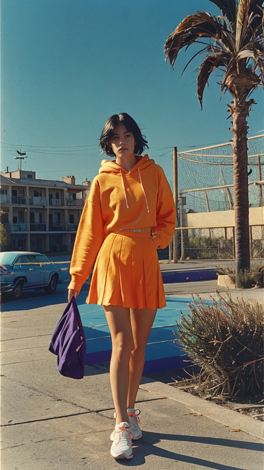 long shot portrait of cute 23 yo girl ,wear ((orange color oversized_hoodie)), wear ((purple tennis skirt)),looking front,Best Quality,Masterpiece,Ultra High Resolution,(Realisticity:1.4),Original Photo, 1Girl, light leak,ultra high resolution,UHD,beautiful, (black bob hair), almond eye, no makeup, in front of (80's mondrian architecture motel), (realistic:1.2), (surreal:1.3), (very detailed:1.1), ((masterpiece)),summer, blue sky, palm trees,sunny, los angles vibes,film camera, 800mm lens,style of Philip Lorca diCorcia