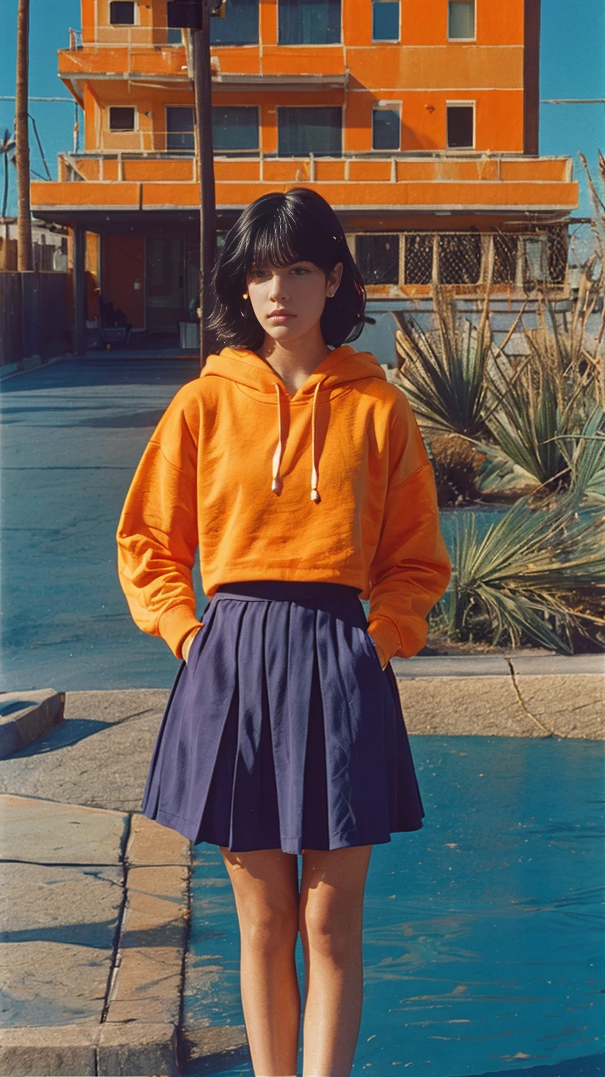 long shot portrait of cute 23 yo girl ,wear ((orange color oversized_hoodie)), wear ((purple tennis skirt)),looking front,Best Quality,Masterpiece,Ultra High Resolution,(Realisticity:1.4),Original Photo, 1Girl, light leak,ultra high resolution,UHD,beautiful, (black bob hair), almond eye, no makeup, in front of (80's mondrian architecture motel), (realistic:1.2), (surreal:1.3), (very detailed:1.1), ((masterpiece)),summer, blue sky, palm trees,sunny, los angles vibes,film camera, 800mm lens,style of Philip Lorca diCorcia