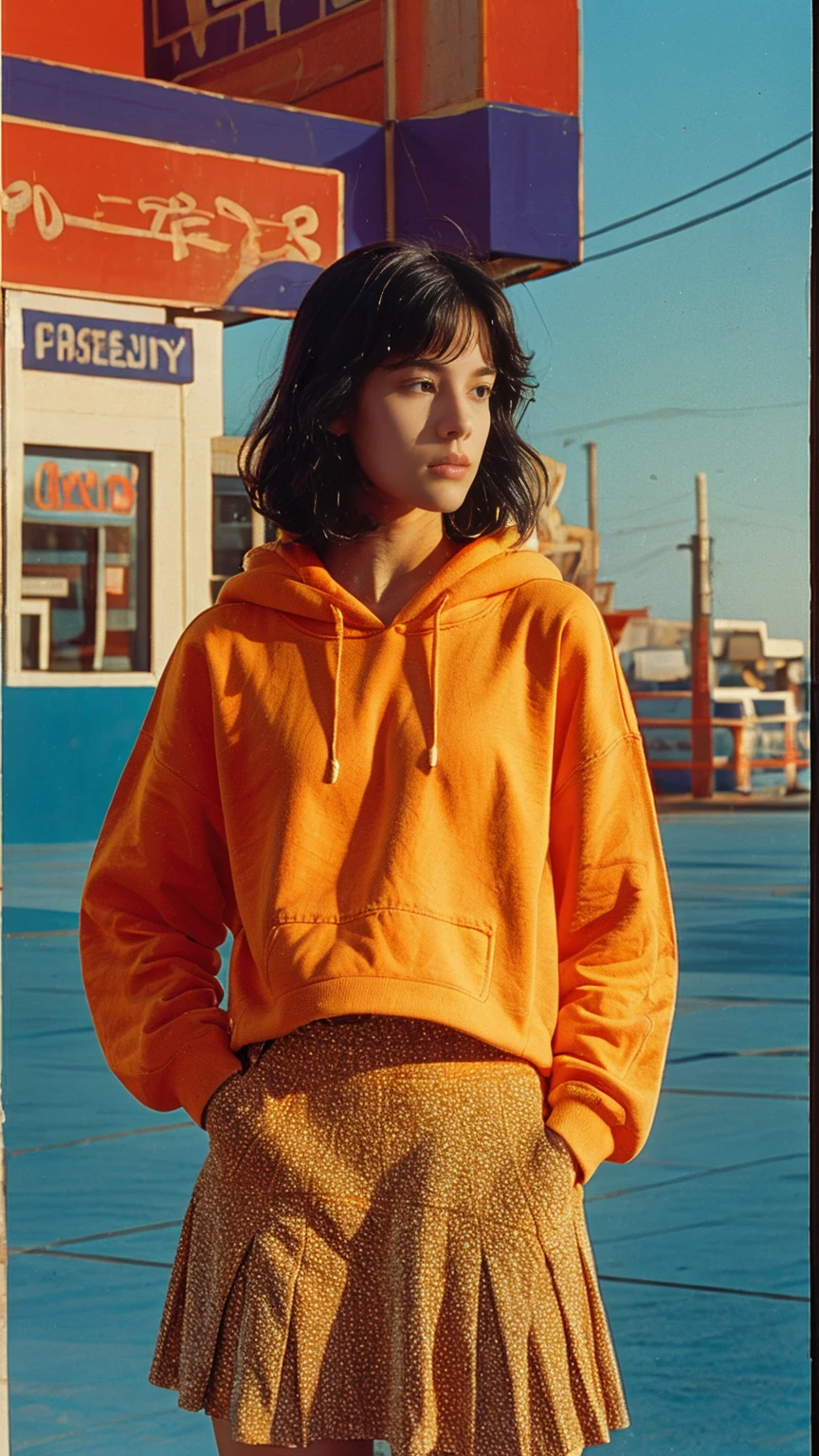 long shot portrait of cute 23 yo girl ,wear ((orange color oversized hoodie)), wear ((purple tennis skirt)),looking viewer,Best Quality,Masterpiece,Ultra High Resolution,(Realisticity:1.4),Original Photo, 1Girl, light leak,ultra high resolution,UHD,beautiful, (black bob hair), almond eye, no makeup, in front of ((80's gas station)), (realistic:1.2), (very detailed:1.1), ((masterpiece)),summer, blue sky, palm trees,sunny, los angles vibes,film camera, 800mm lens,style of Philip Lorca diCorcia